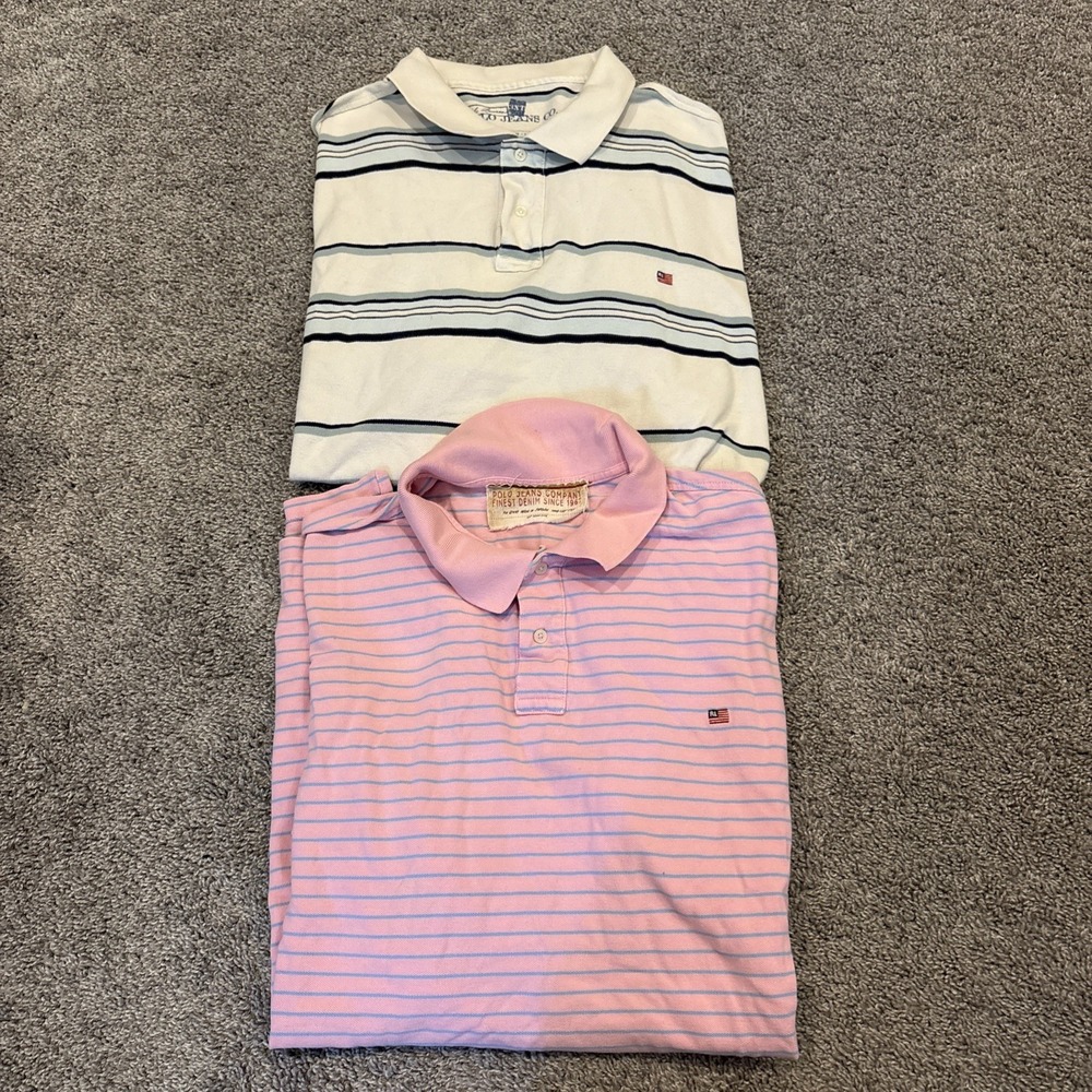 2 Vintage Ralph Lauren Polo Jeans Co Shirt Men 3XT Tall Striped USA Flag Golf